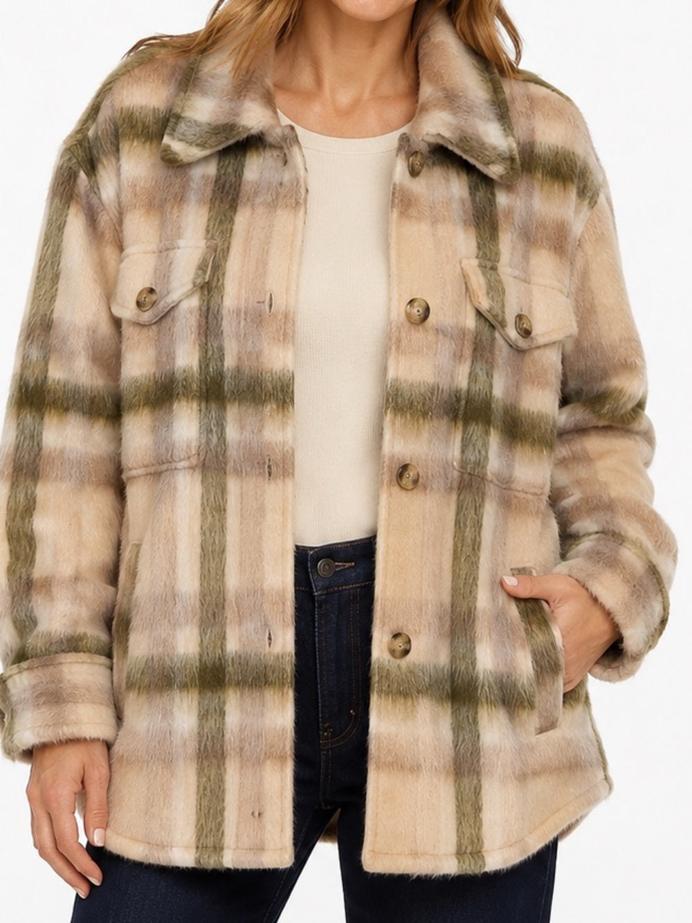 American Eagle Fuzzy Plaid Shacket Jacket Beige Olive Green Medium